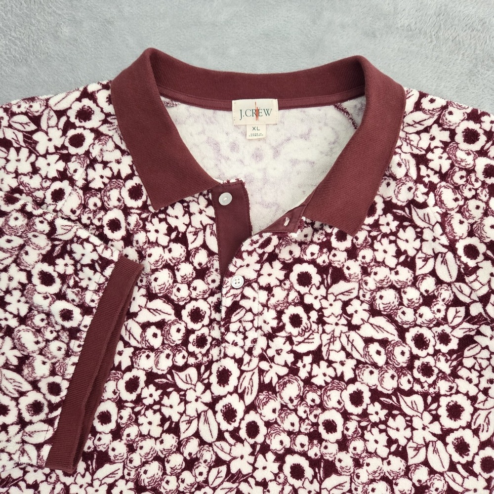 J.Crew Terry Cloth Polo Shirt Mens XL Burgundy Floral Print Oarsman BZ389